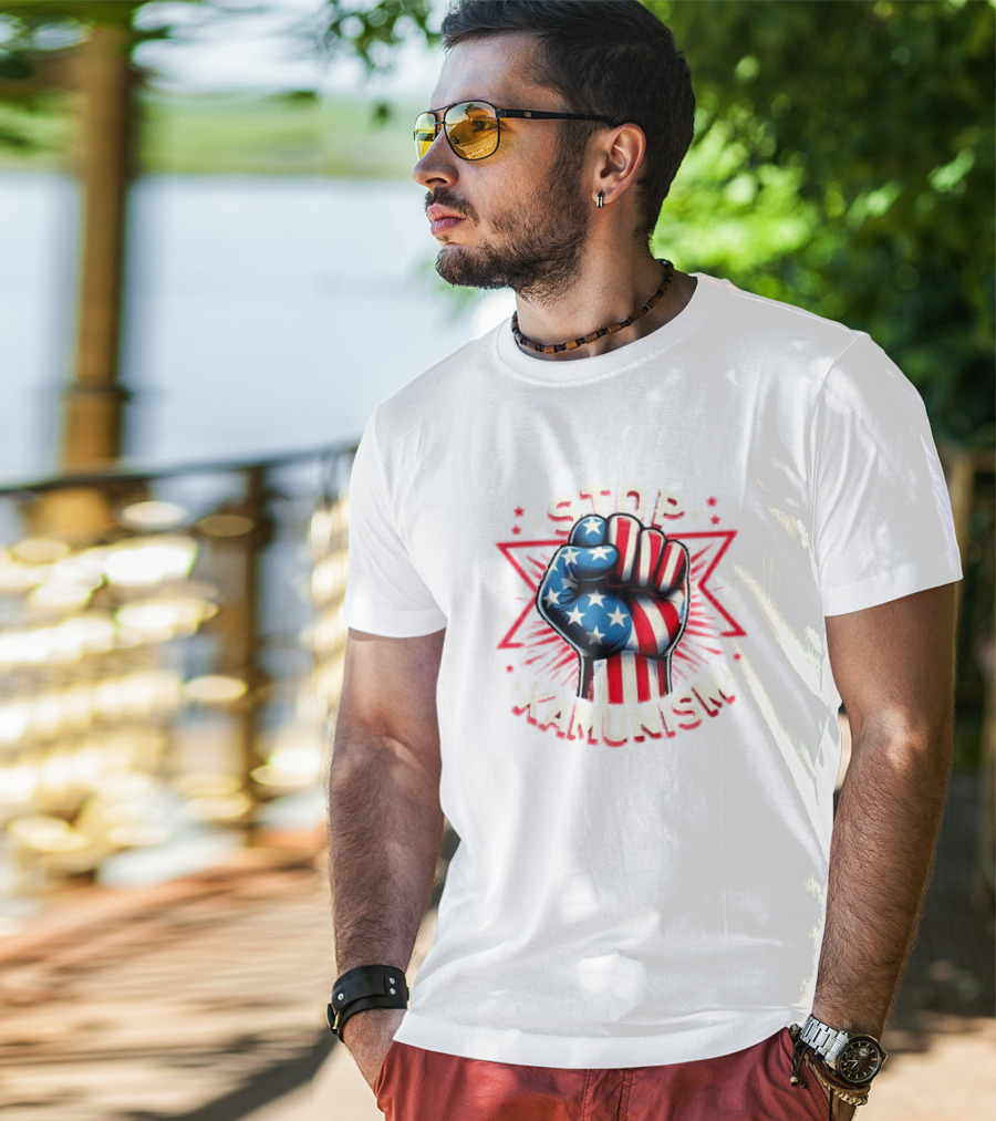 Stop Kamunism American Flag Fist With Stars And Red Stripes T-Shirt