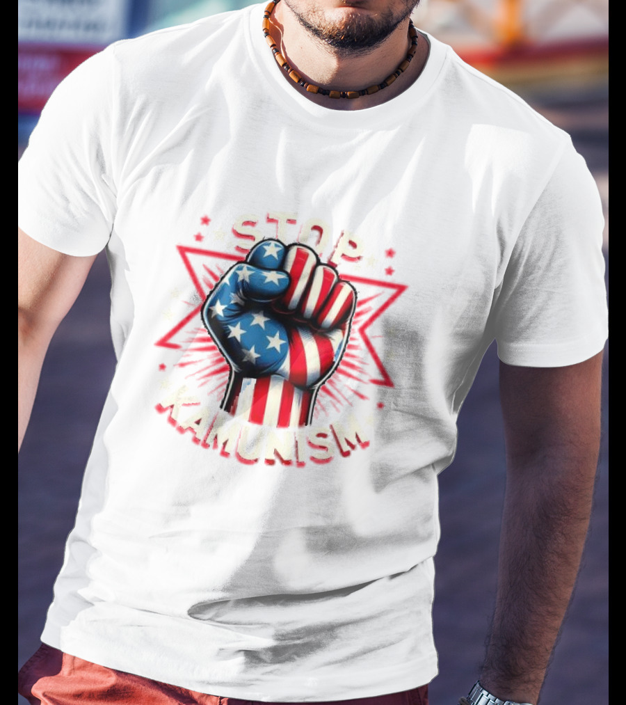 Stop Kamunism American Flag Fist With Stars And Red Stripes T-Shirt