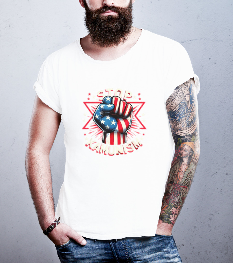 Stop Kamunism American Flag Fist With Stars And Red Stripes T-Shirt