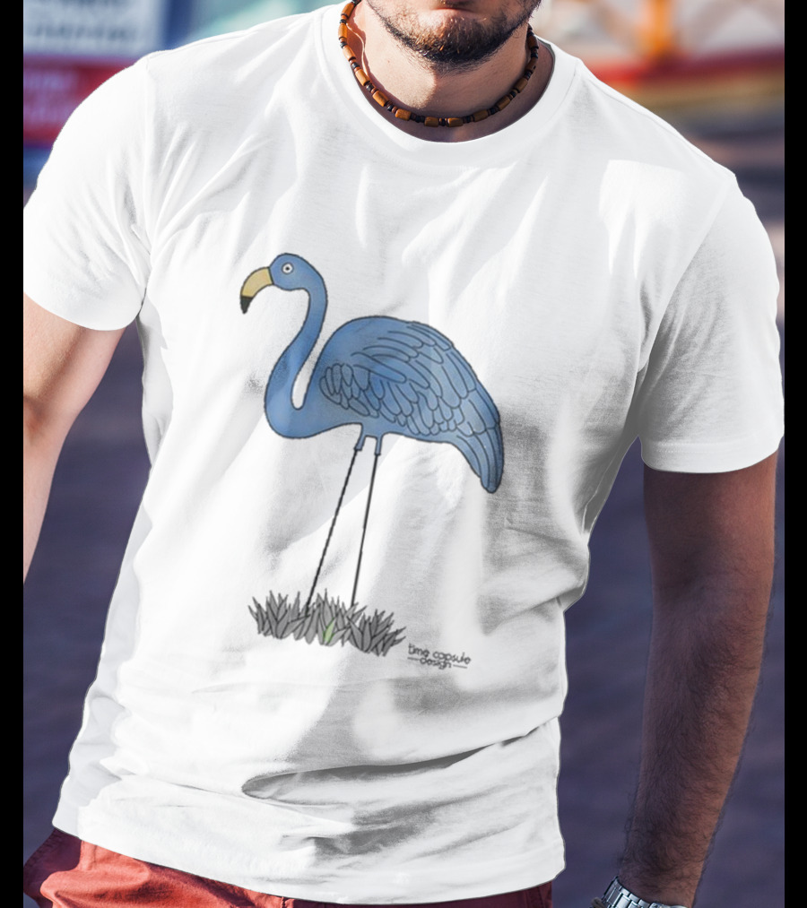 Time Capsule Design Blue Flamingo On Black Grass Background T-Shirt