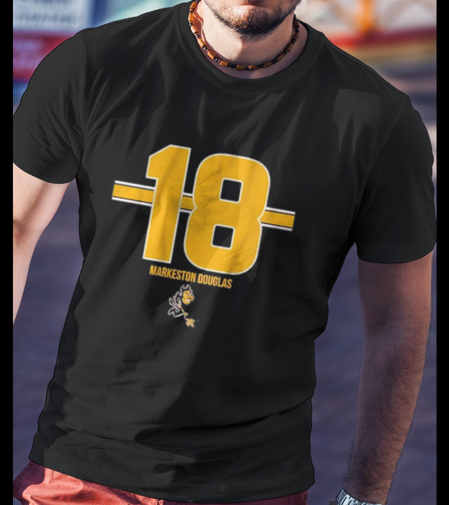 Markeston Douglas 18 Stripe ASU Football With Sun Devil Mascot T-Shirt