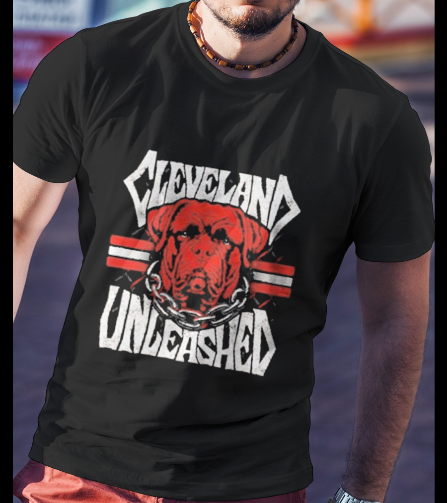 Cleveland Unleashed Dog With Chains And Stripes T-Shirt