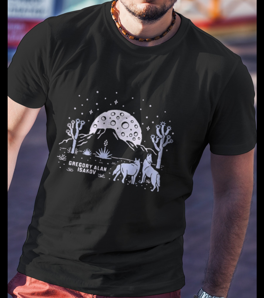 Gregory Alan Isakov Full Moon In Joshua Tree Desert Night With Horses And Cacti T-Shirt