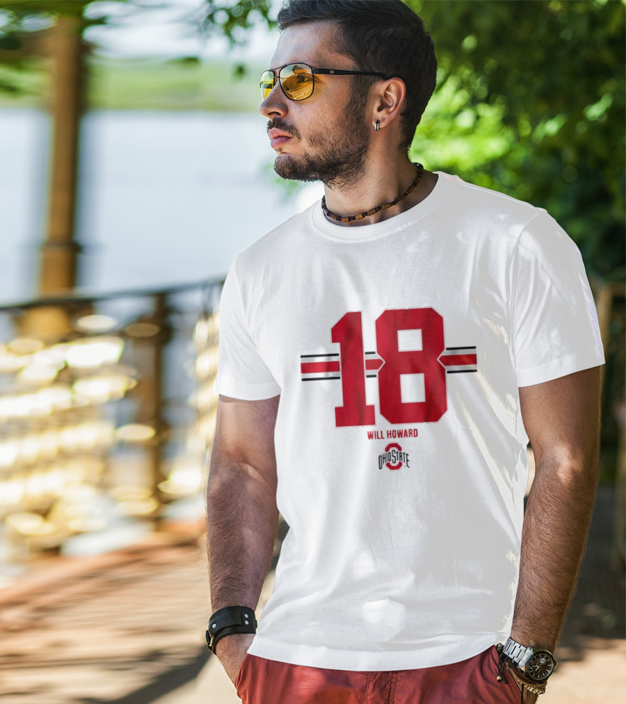 Ohio State Buckeyes Football Will Howard 18 Ohio State Logo Stripe T-Shirt