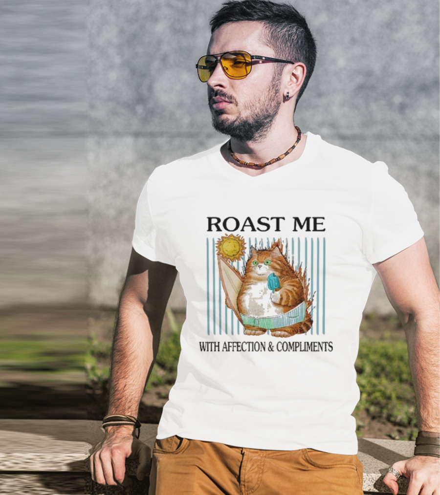 Roast Me Cat With Affection And Compliments Surfing Ice Cream Sun T-Shirt