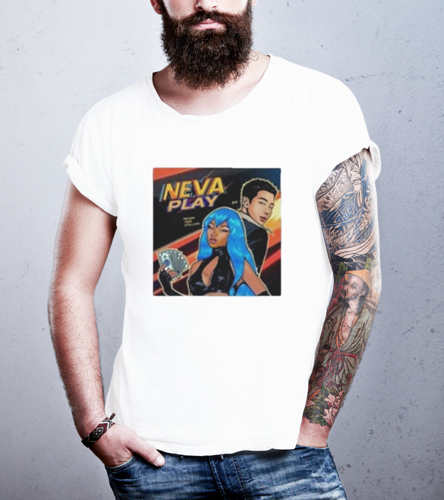 Megan Thee Stallion Neva Play Comic Style Artwork With Blue-Haired Character And Cards T-Shirt