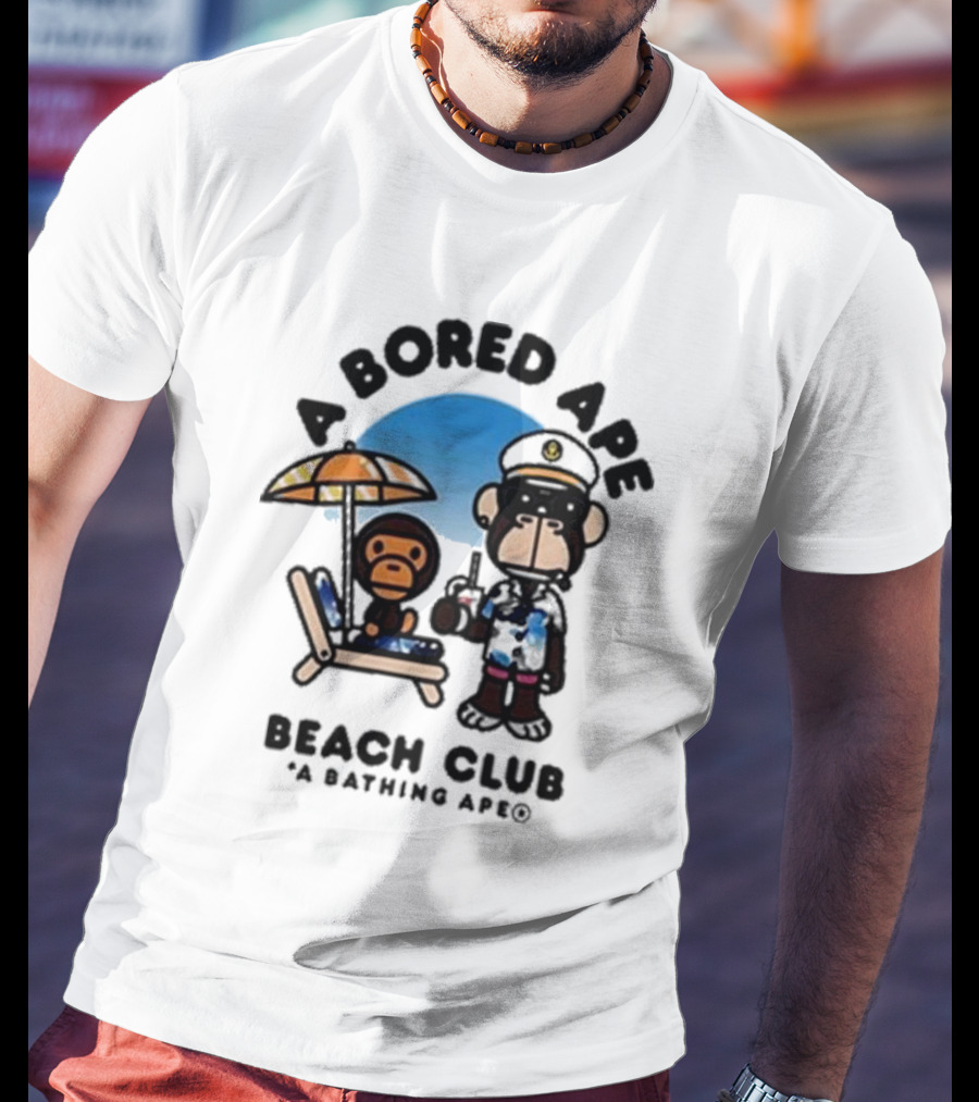 A Bored Ape Beach Club A Bathing Ape Officer And Relaxing Ape Scene T-Shirt