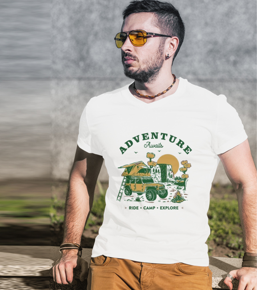 Adventure Awaits Ride Camp Explore Jeep Camping Scene T-Shirt