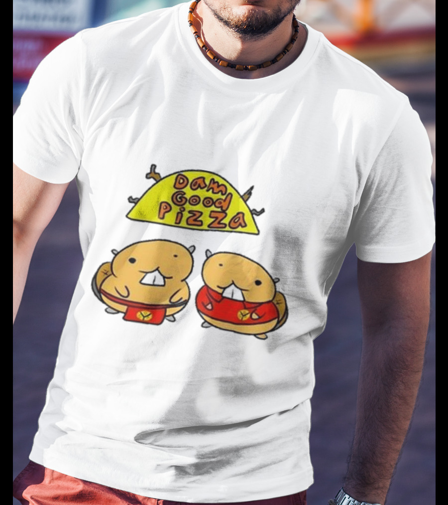 Dam Good Pizza Beaver Characters Duo In Red With Iconic Yellow Cheese Slice T-Shirt