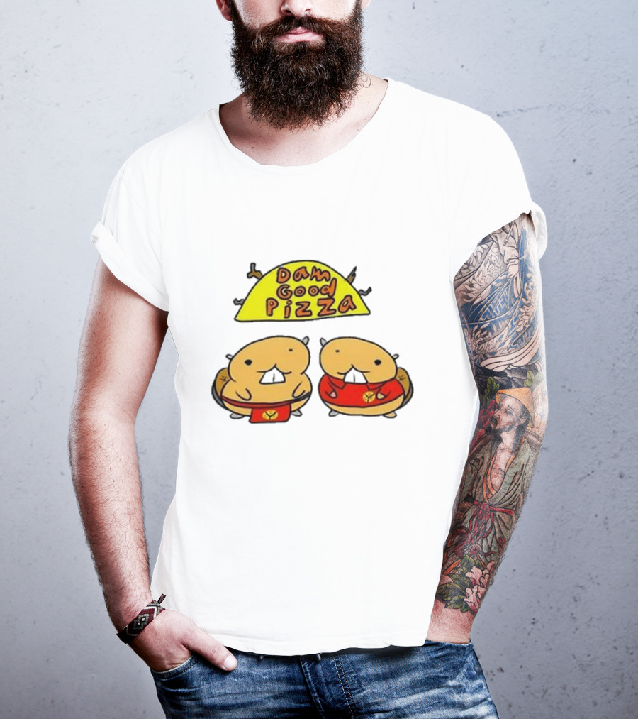 Dam Good Pizza Beaver Characters Duo In Red With Iconic Yellow Cheese Slice T-Shirt
