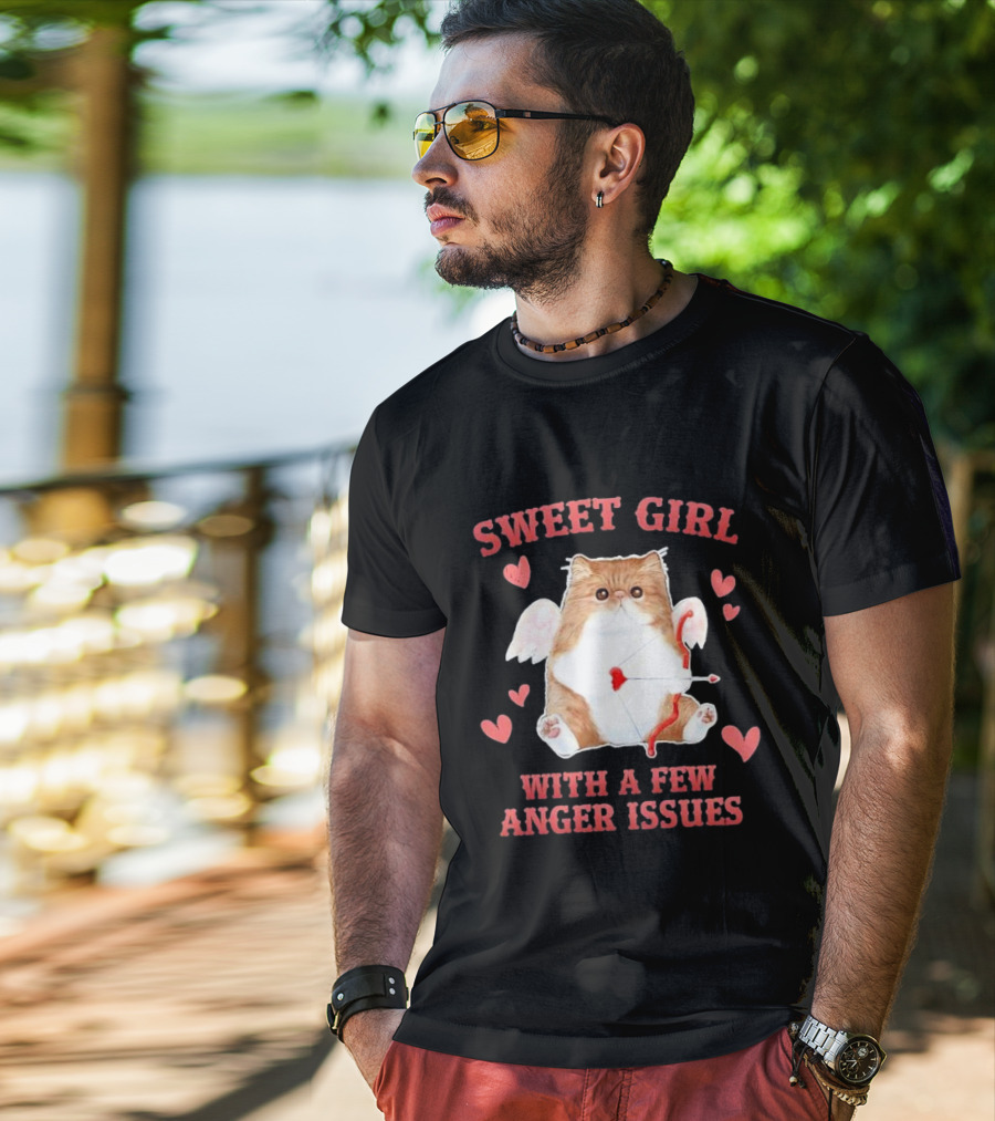 Sweet Girl With A Few Anger Issues Cat With Bow And Arrow Vintage Hearts T-Shirt