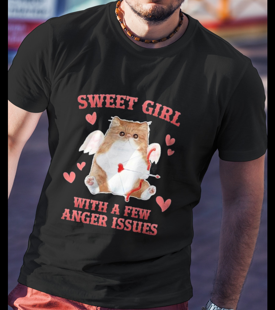 Sweet Girl With A Few Anger Issues Cat With Bow And Arrow Vintage Hearts T-Shirt