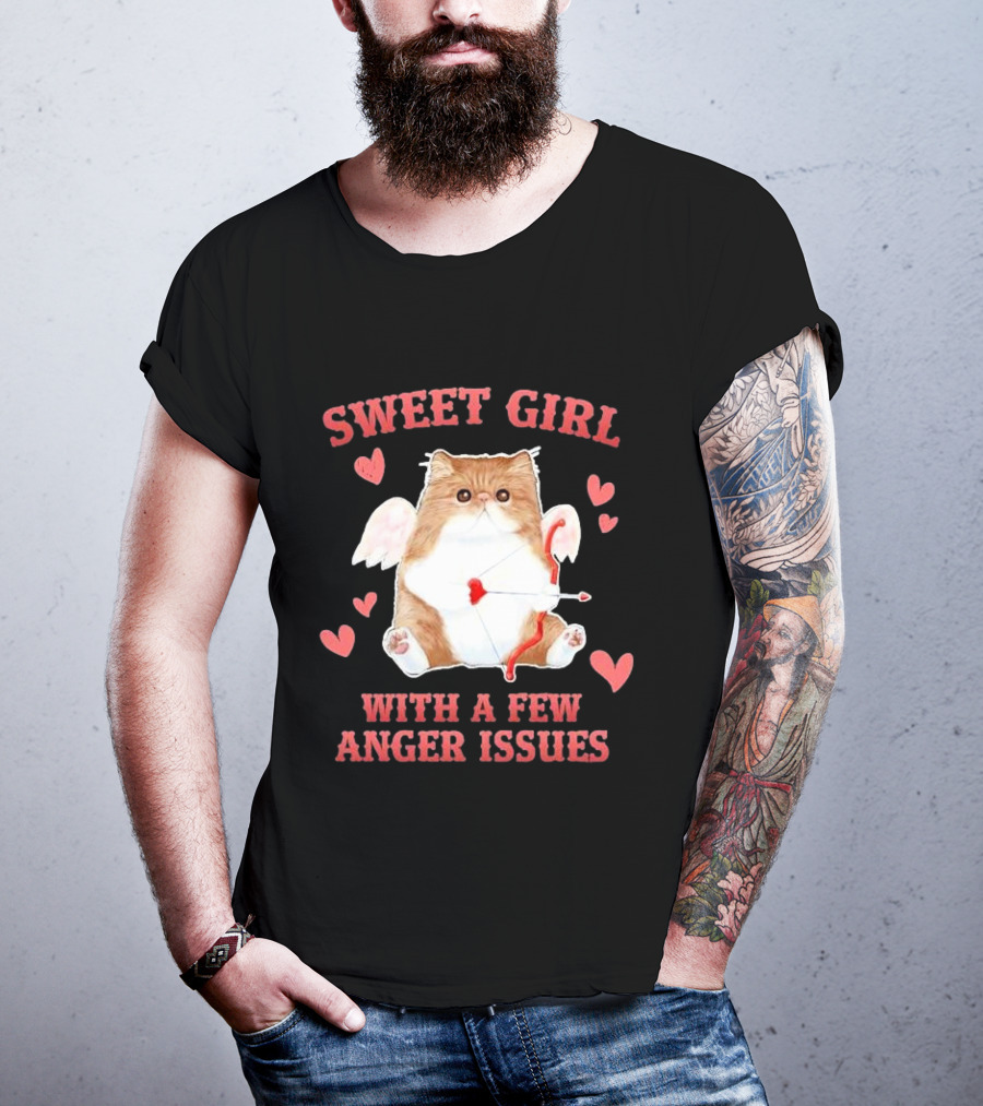 Sweet Girl With A Few Anger Issues Cat With Bow And Arrow Vintage Hearts T-Shirt