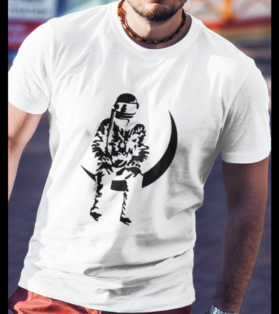 To The Stars Moon Man Astronaut Sitting On Crescent Ocean Blue T-Shirt