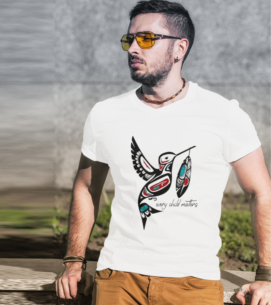 Every Child Matters Indigenous Hummingbird Feathers Orange Day T-Shirt
