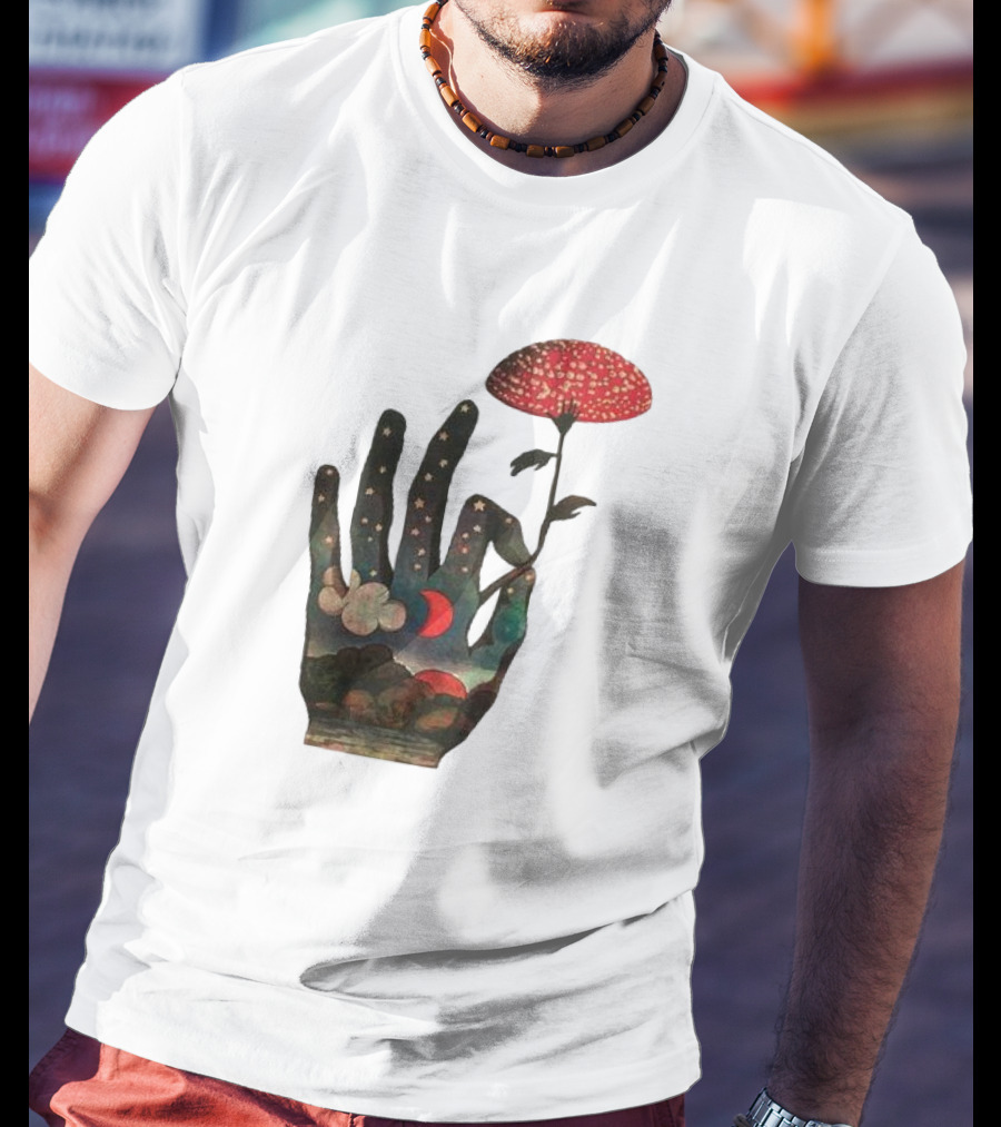 Fly Agaric Psychedelic Hand With Night Sky And Moon T-Shirt