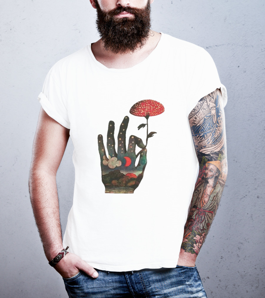 Fly Agaric Psychedelic Hand With Night Sky And Moon T-Shirt