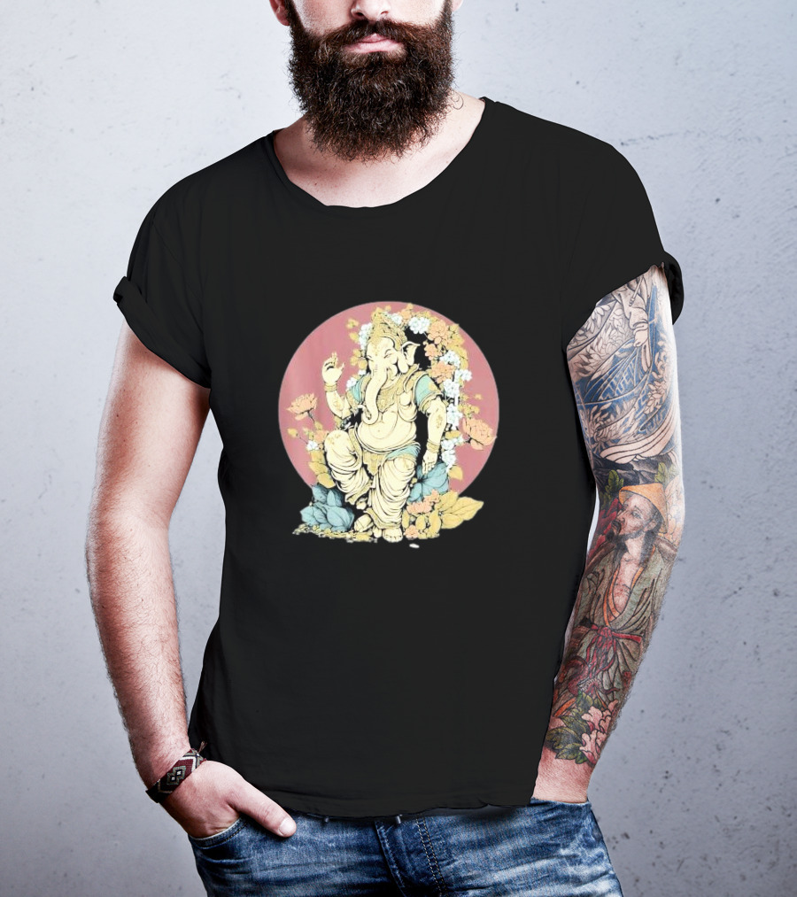 New Rare Hindu God Floral Elephant Deity Lord Ganesh Lotus Flowers Iconic T-Shirt