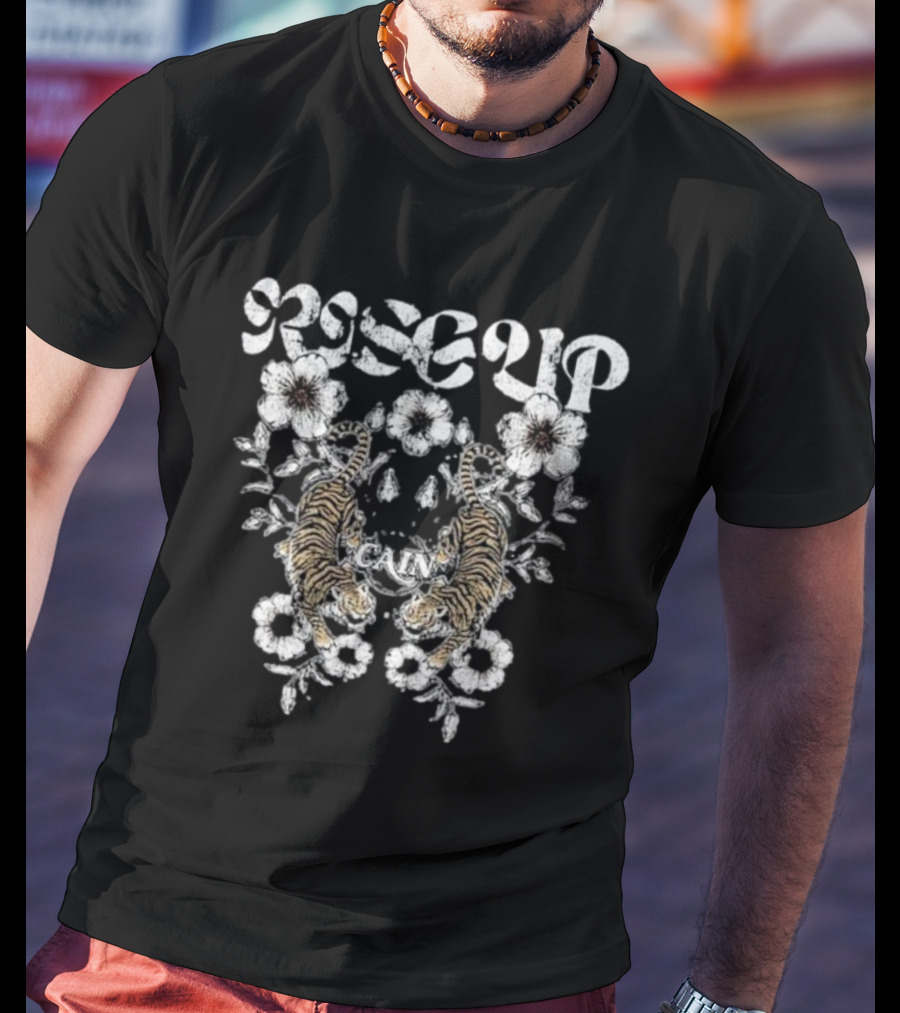 Rise Up Cain Blue Tiger Design With Floral Elements T-Shirt