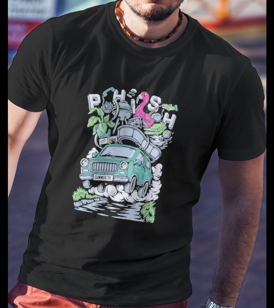 Phish Summer 24 Impossible Road Trip Van With Flamingo And Floating Gear T-Shirt