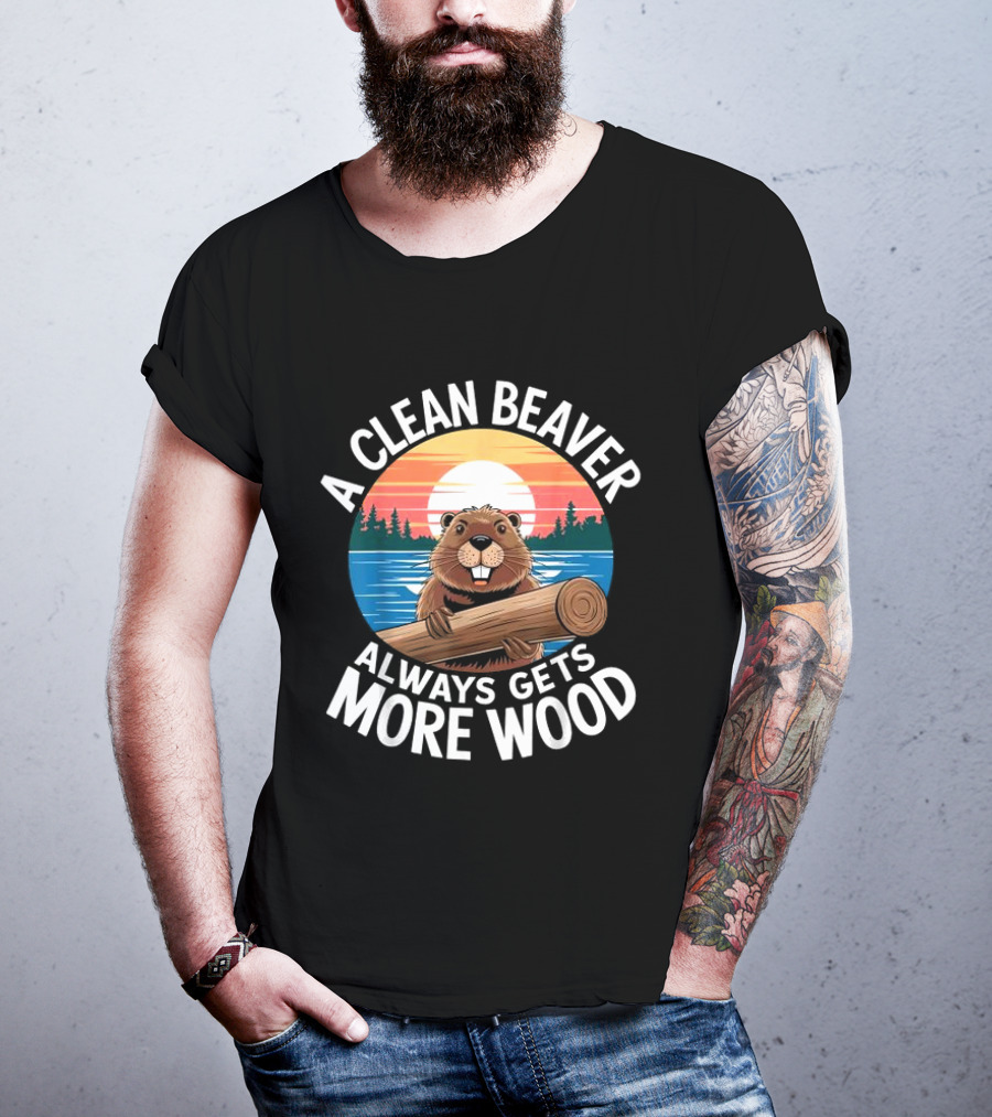 A Clean Beaver Always Gets More Wood Vintage Sunset Beaver Holding Log T-Shirt