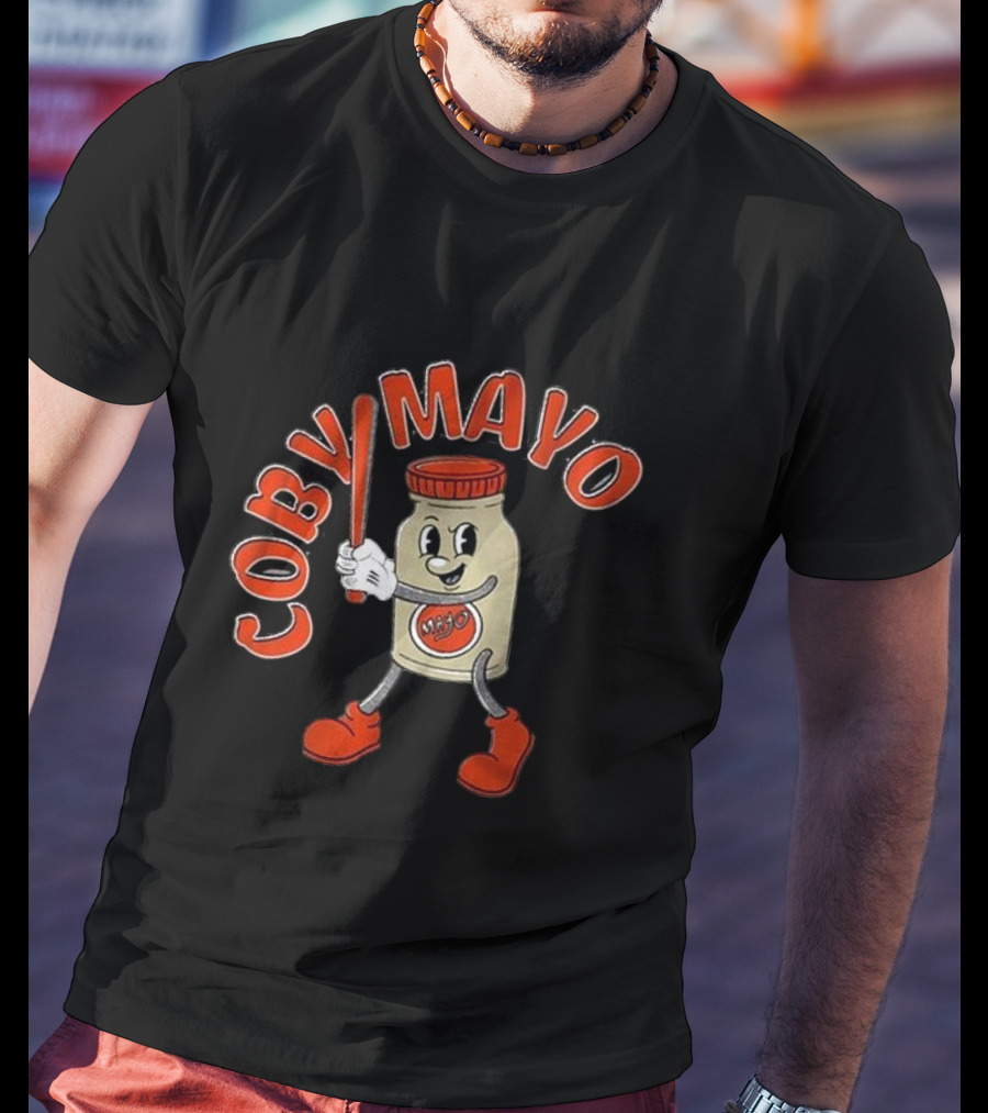 Coby Mayo Cartoon Baseball Jar With Red Letters And Bat T-Shirt