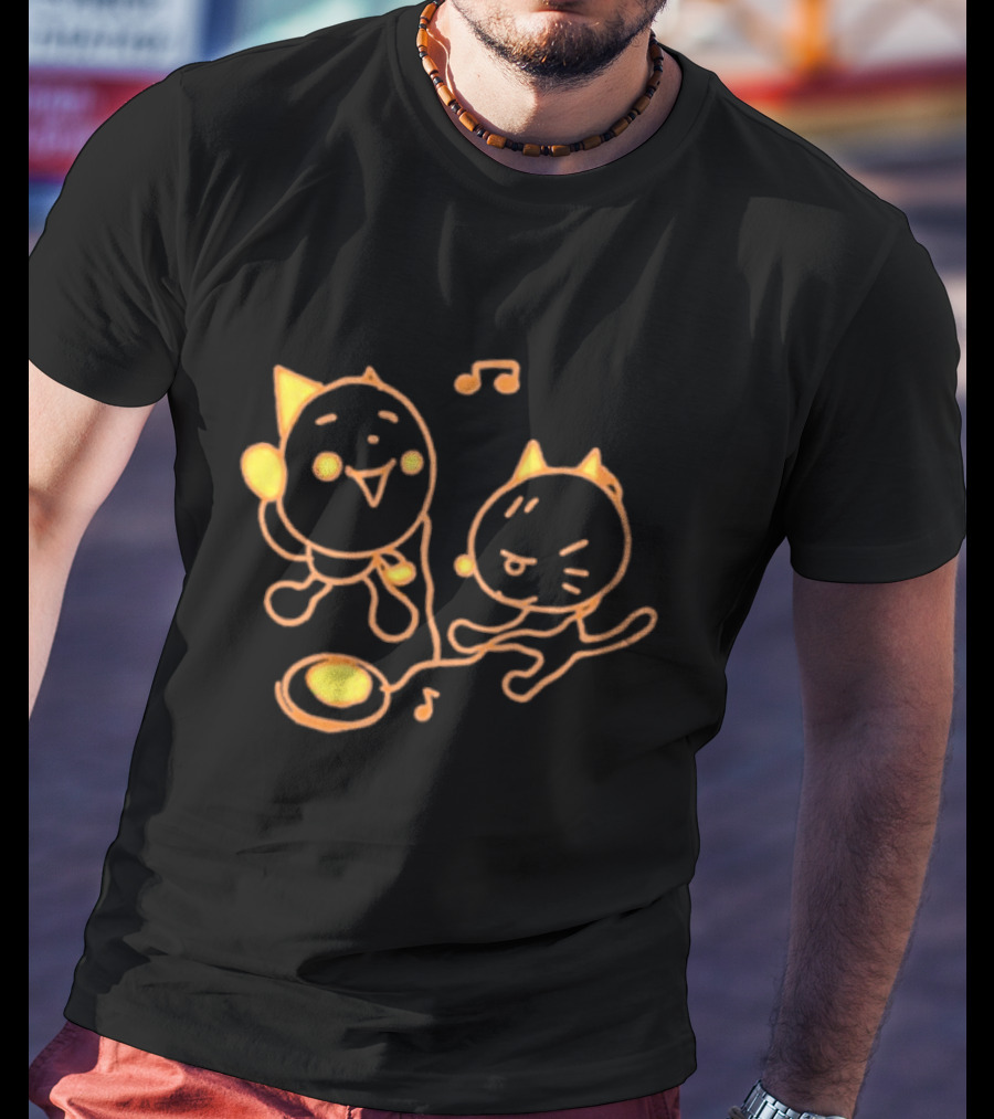Pixlotl Cat Characters With Music Notes And CD Player T-Shirt