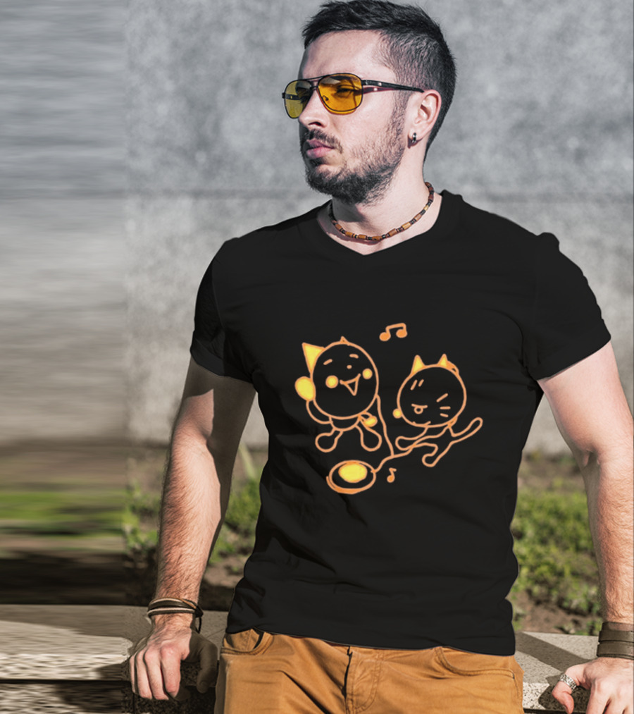 Pixlotl Cat Characters With Music Notes And CD Player T-Shirt