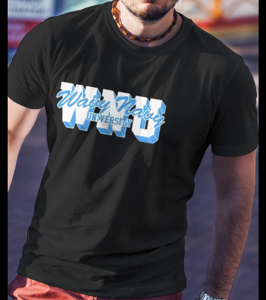 Wavy Navy University WNU Bold 3D Bold Blue Text T-Shirt