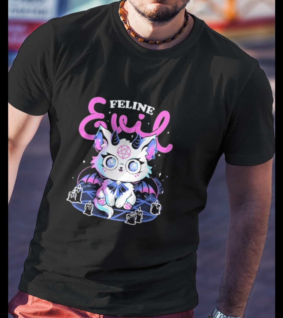Feline Evil Cute Devil Cat With Pentagram And Bat Wings T-Shirt