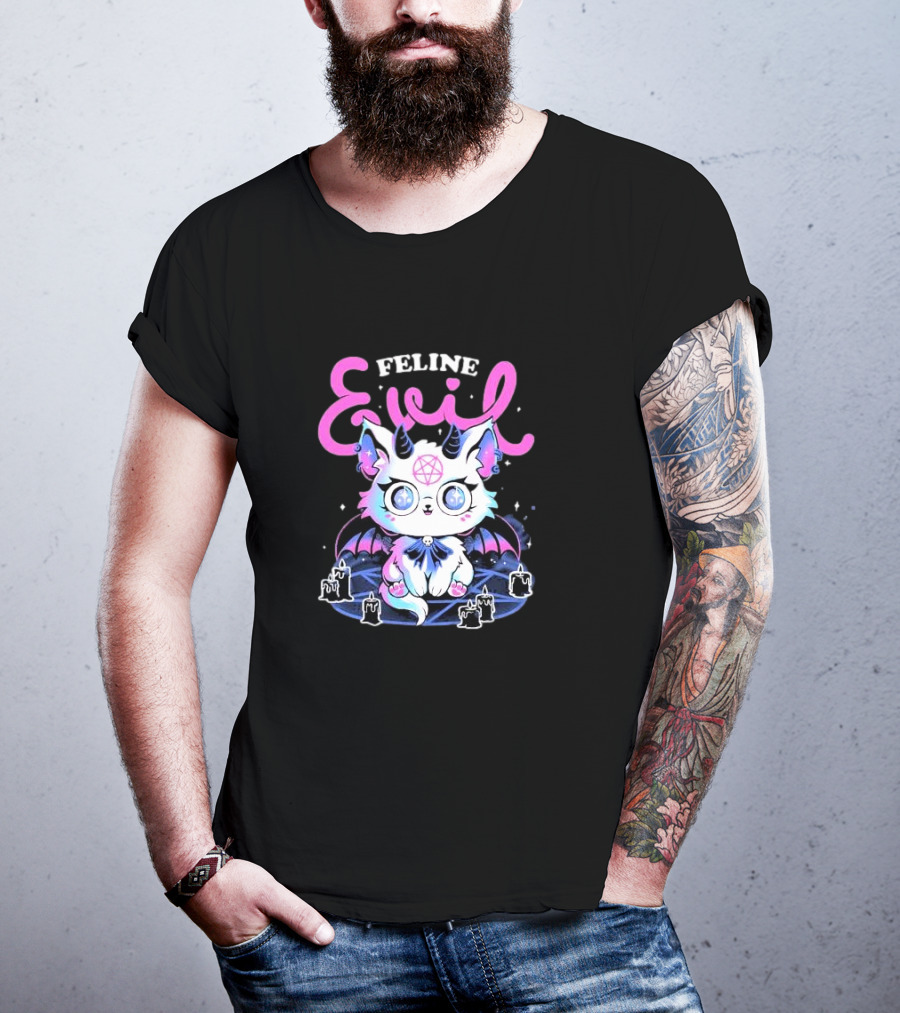 Feline Evil Cute Devil Cat With Pentagram And Bat Wings T-Shirt