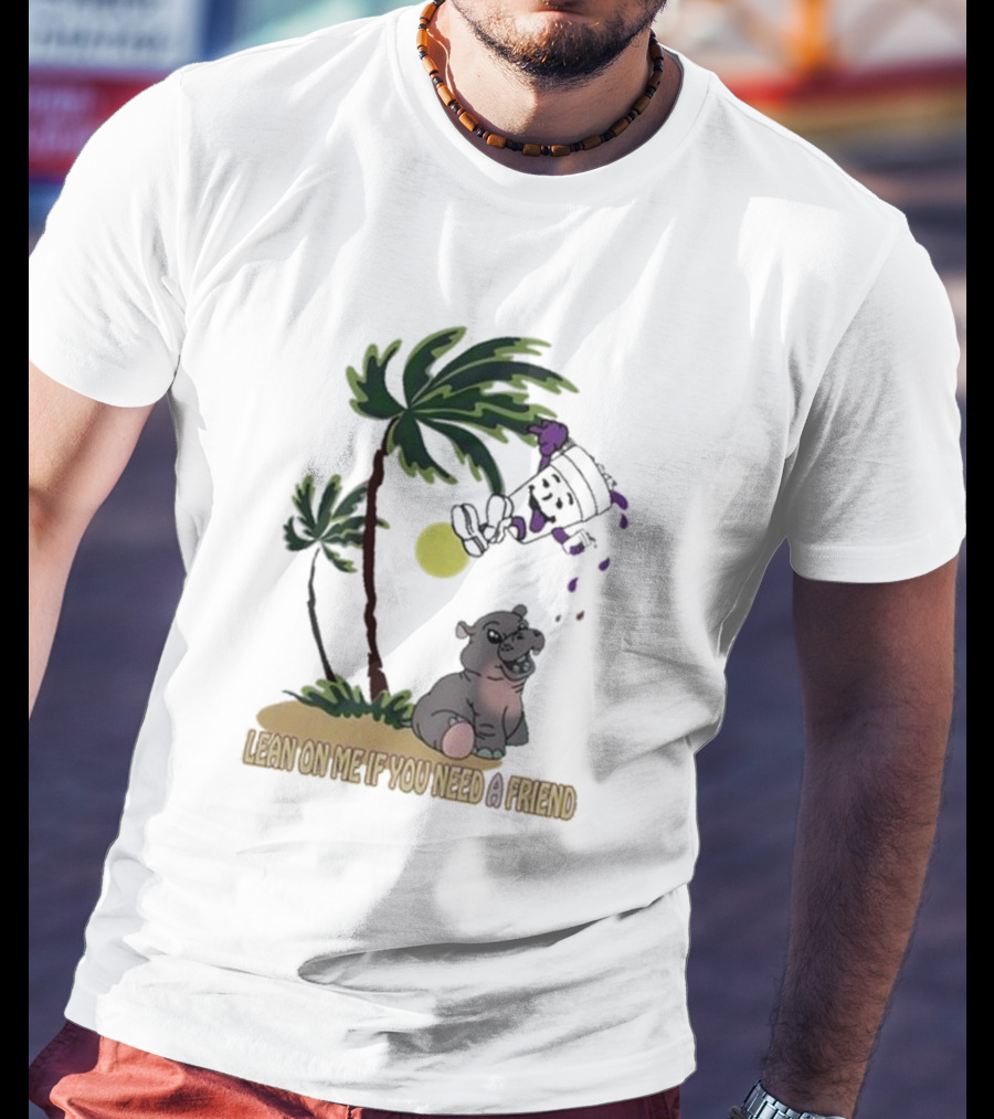 Grapejuiceboys Lean On Me If You Need A Friend Moo Deng Palm Tree Tropical Scene T-Shirt