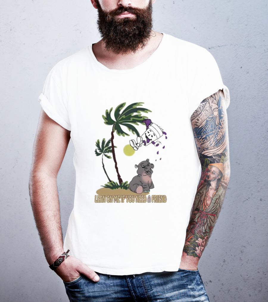 Grapejuiceboys Lean On Me If You Need A Friend Moo Deng Palm Tree Tropical Scene T-Shirt