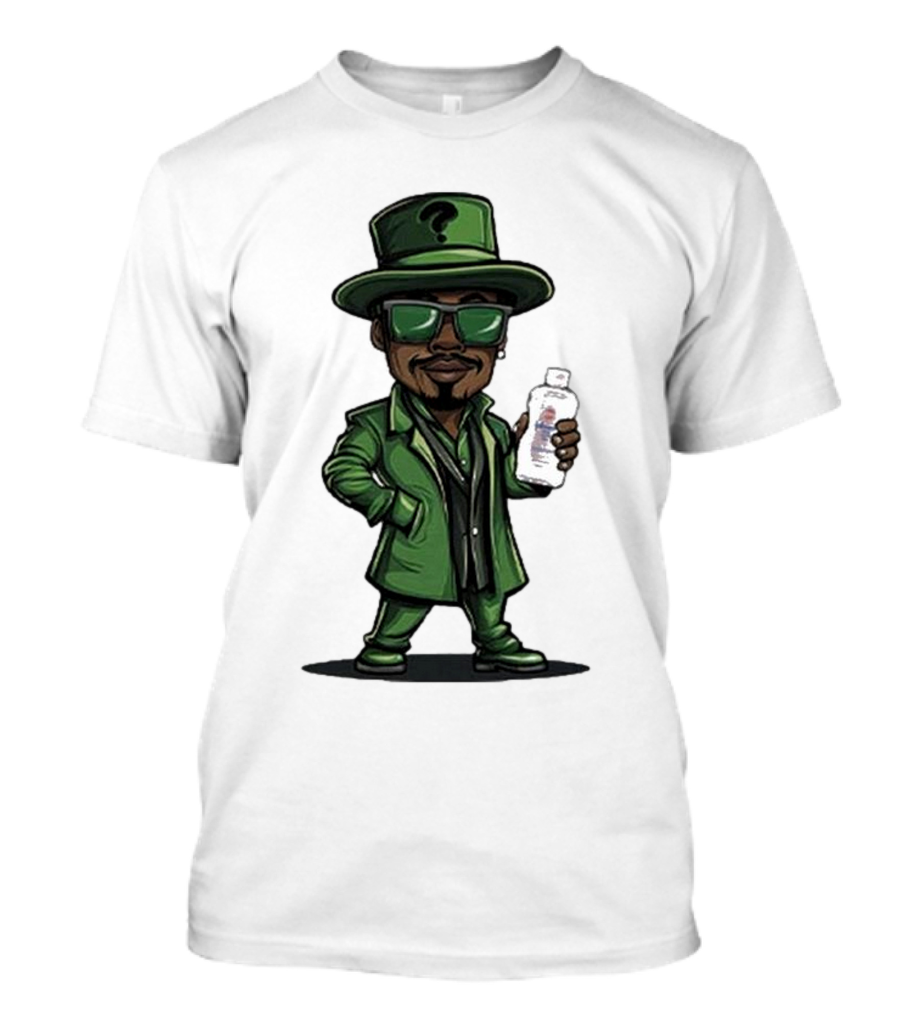 Little Diddler Holding Baby Oil In Green Outfit With Question Mark Hat T-Shirt