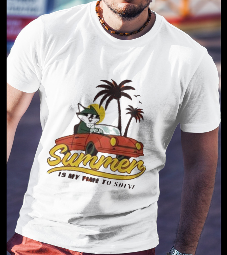 Summer Is My Time To Shine Cat In Car With Palm Trees T-Shirt