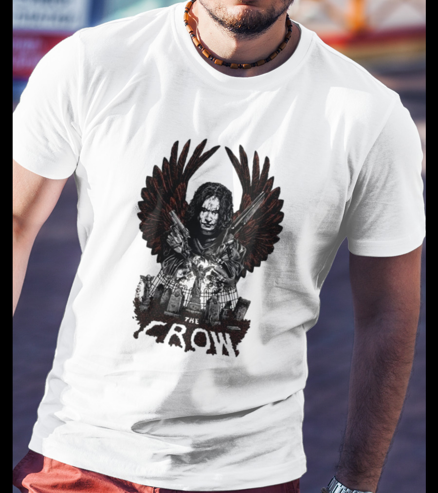 The Crow Winged Figure With Cemetery Background And Gothic Text The Crow T-Shirt