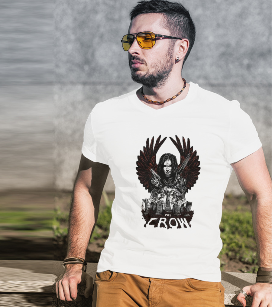 The Crow Winged Figure With Cemetery Background And Gothic Text The Crow T-Shirt