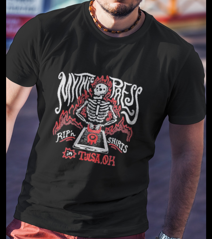 Mythic Press Rip'n Shirts Skeleton Flames Tulsa OK T-Shirt