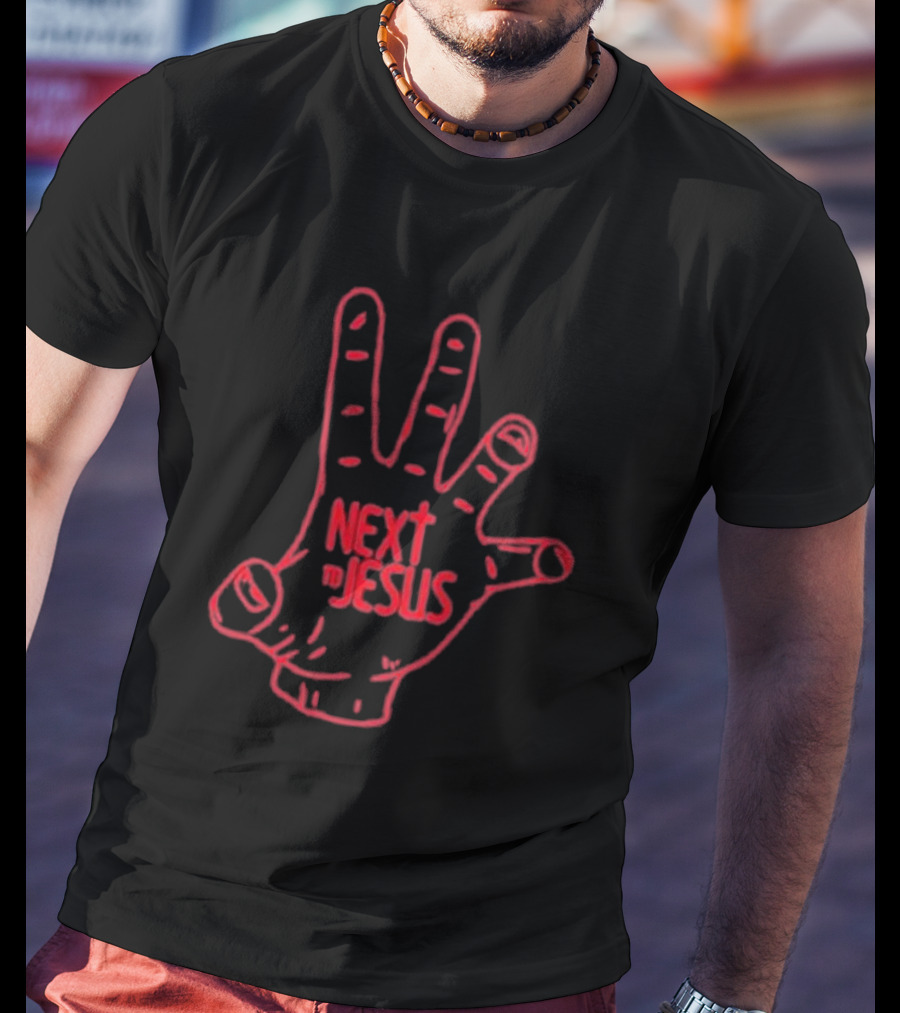 Next To Jesus Hand Neon Red Outline T-Shirt