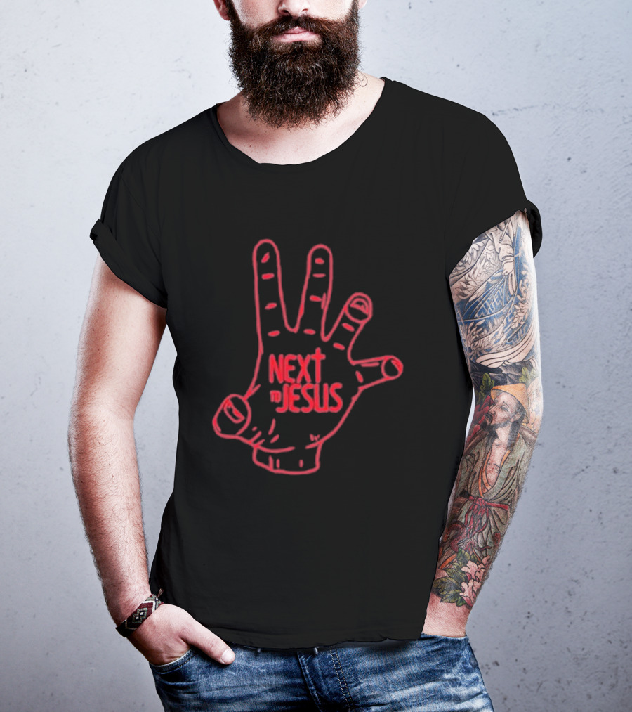 Next To Jesus Hand Neon Red Outline T-Shirt