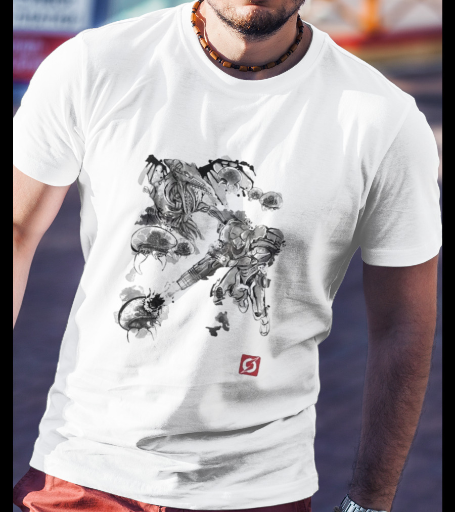 Attack Of The Space Pirates Sumi-E Style Metroid Battle Scene T-Shirt