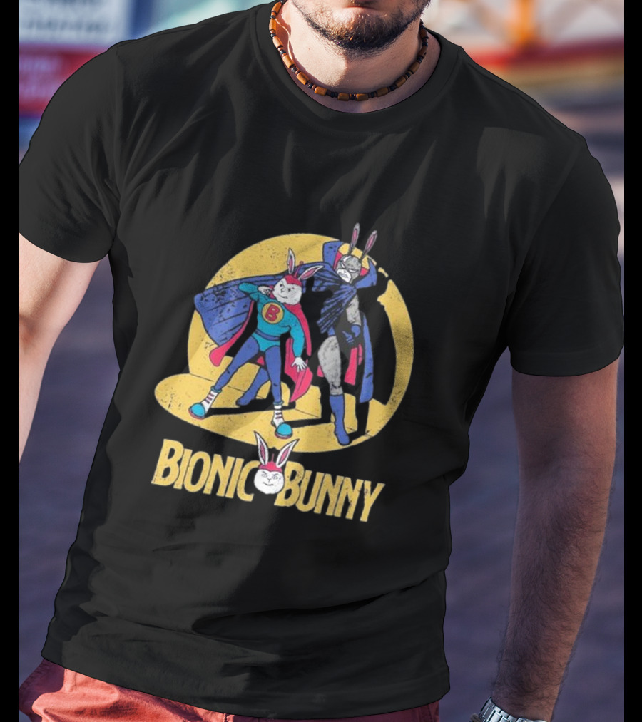 Bionic Bunny Superhero Duo With Colorful Cape And Moon Background T-Shirt