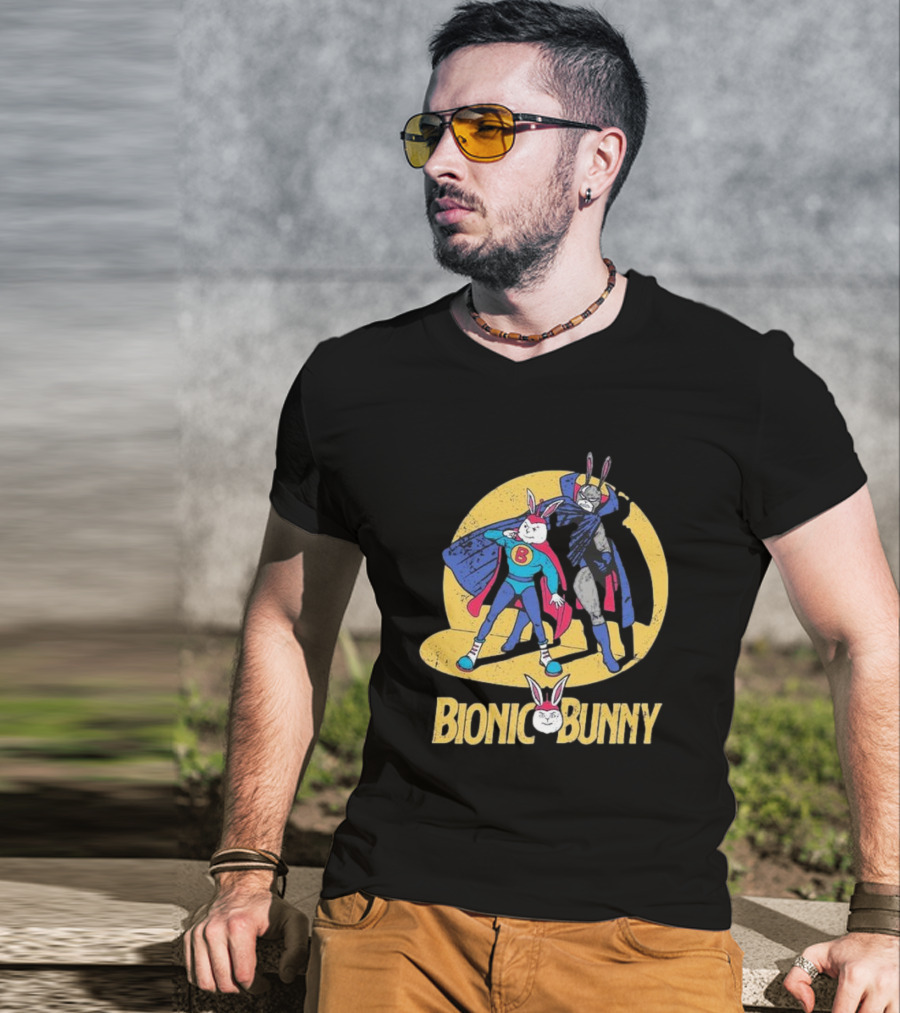 Bionic Bunny Superhero Duo With Colorful Cape And Moon Background T-Shirt