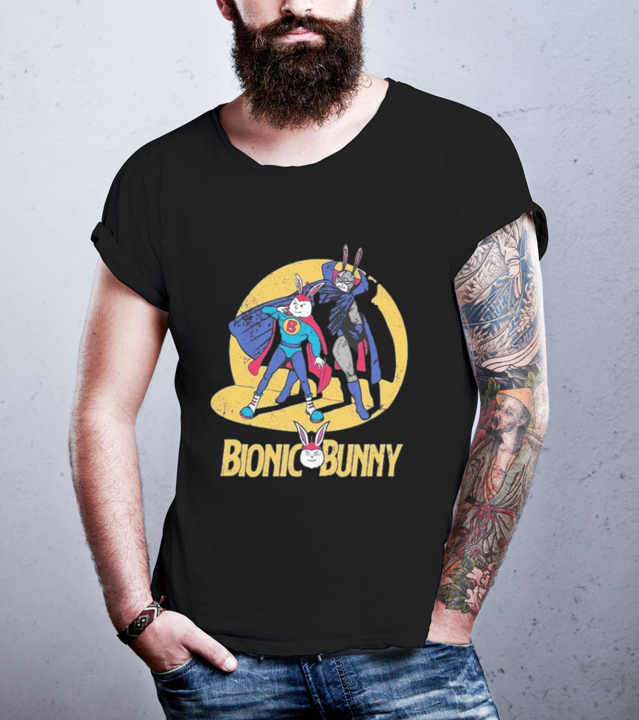 Bionic Bunny Superhero Duo With Colorful Cape And Moon Background T-Shirt