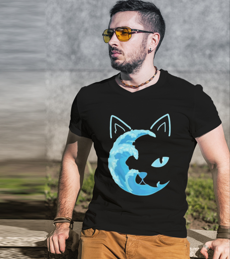 Cat Wave Face Blue T-Shirt
