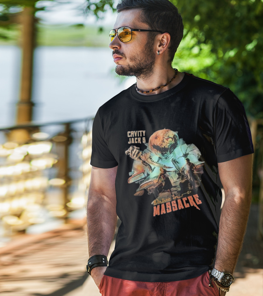 Cavity Jack's Drive In Massacre Giant Pumpkin Horror Scene T-Shirt