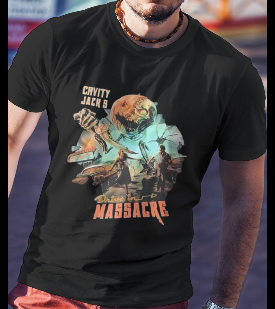 Cavity Jack's Drive In Massacre Giant Pumpkin Horror Scene T-Shirt
