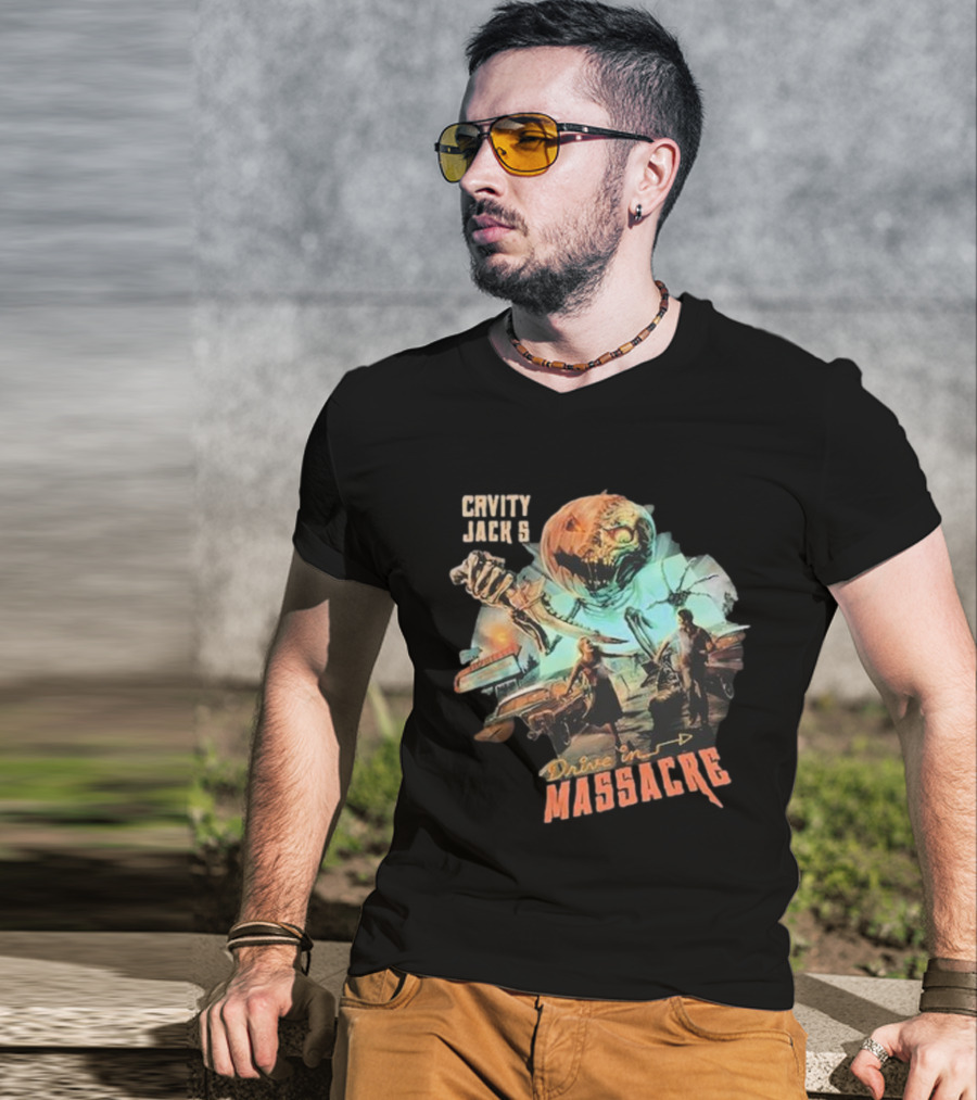Cavity Jack's Drive In Massacre Giant Pumpkin Horror Scene T-Shirt