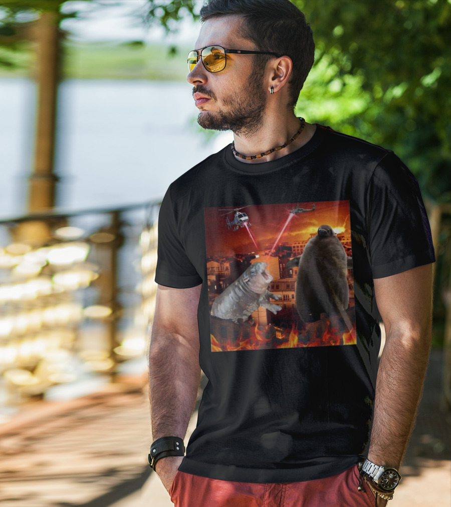 Moo Deng And Pesto Battle Urban Showdown With Helicopters And Laser Beams T-Shirt