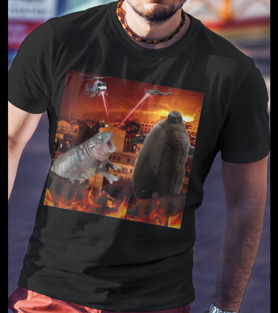 Moo Deng And Pesto Battle Urban Showdown With Helicopters And Laser Beams T-Shirt